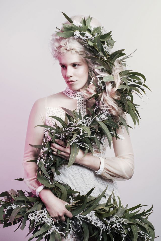 Collection Name: Botanical Persuasion  Floral Effect: Garland Hair by Hairdressing Teacher: Luby Hastings,  TAFE NSW - Sydney TAFE, Australia Floristry Teacher: Katina Callas Photographer: Jason Lau Make Up Artist: Tahlia Ljubicic Stylist: Daniele Soglimbene Clothing Designer: Boohoo Model: Lara March Hair Mentored by Lorna Evans  Assisted by Kyleen Phillips