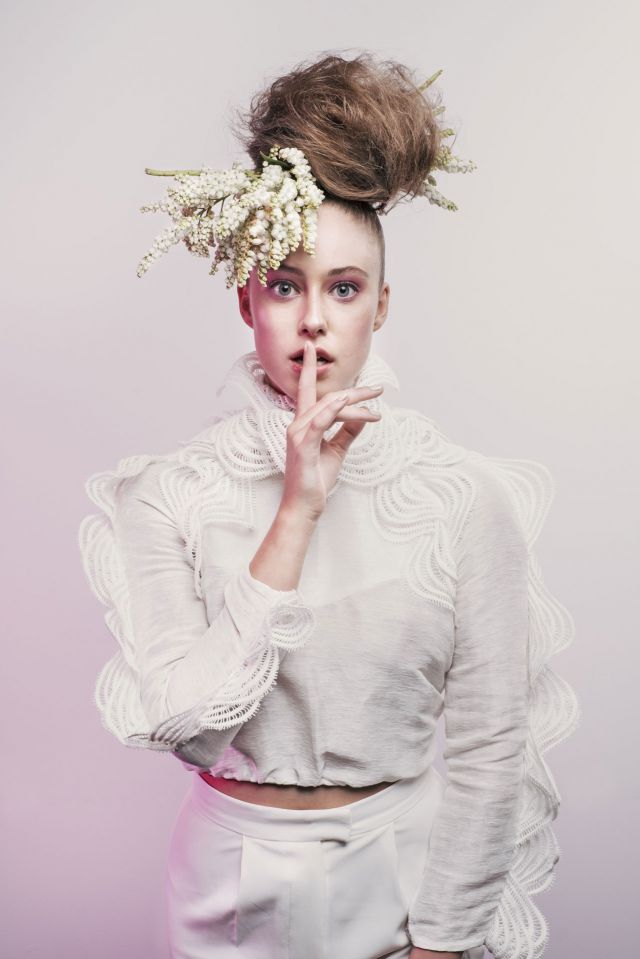 Collection Name: Botanical Persuasion  Floral Effect: Flower Fall Hair by Hairdressing Teacher: Angela Piaud,  TAFE NSW - Sydney TAFE, Australia Flowers by  TAFE NSW - Sydney TAFE, Australia Photographer: Jason Lau Make Up Artist: Emma Mathews Stylist: Daniele Soglimbene Clothing Designer: Jessica Van Model: Jacqui Pervis Hair Mentored by Lorna Evans  Assisted by Kyleen Phillips